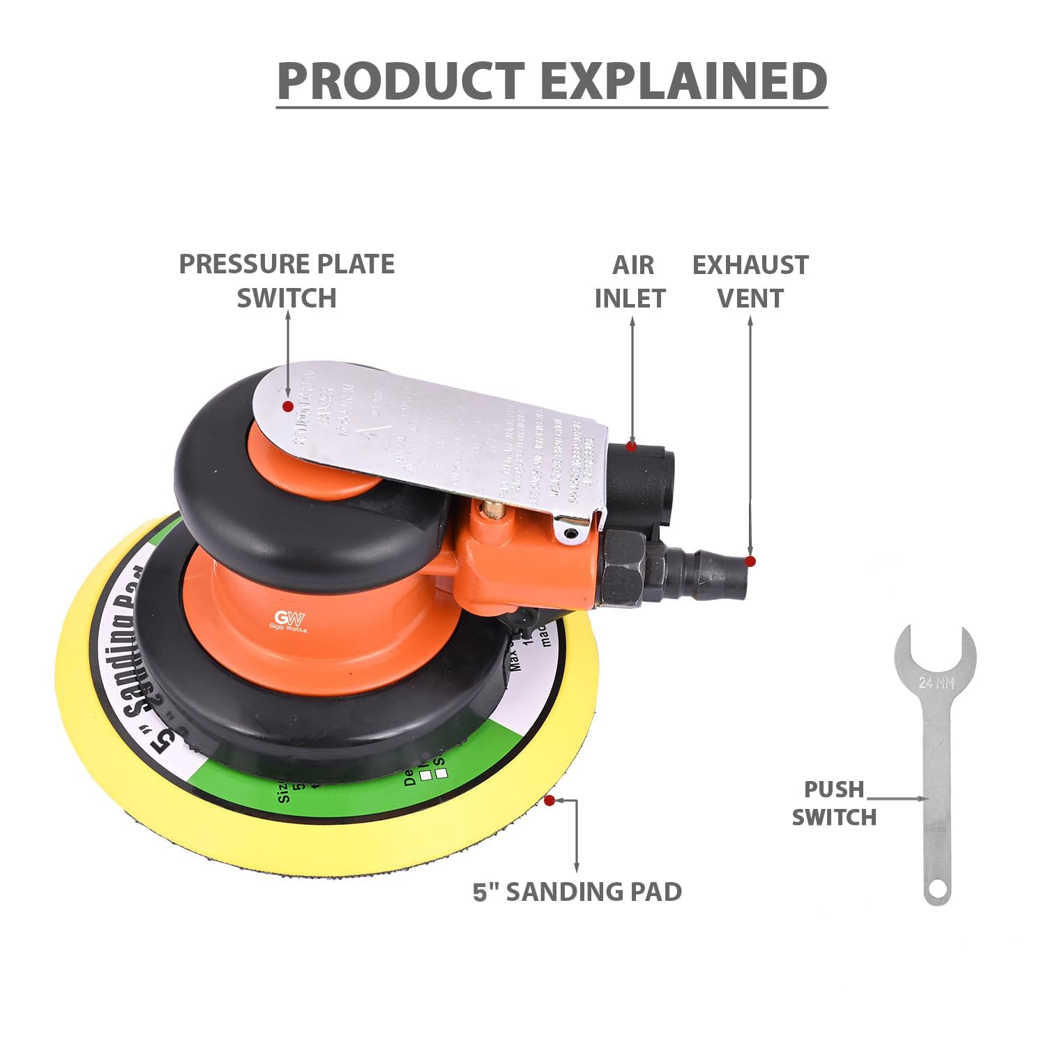 GIGAWATTS AT24 5” DIY Air Sander 90 PSI Dry Wall Handheld Palm Polisher ...